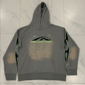 Hellstar Classic Flame Logo Washed Grey / Green Black Pullover Hoodie Mens Large